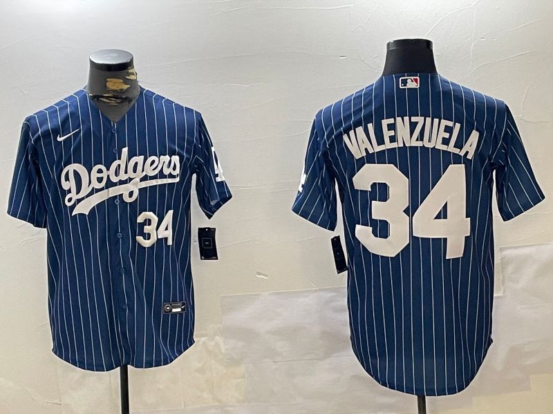 Men Los Angeles Dodgers 34 Valenzuela Blue Stripe Game 2024 Nike MLB Jersey style 11208
